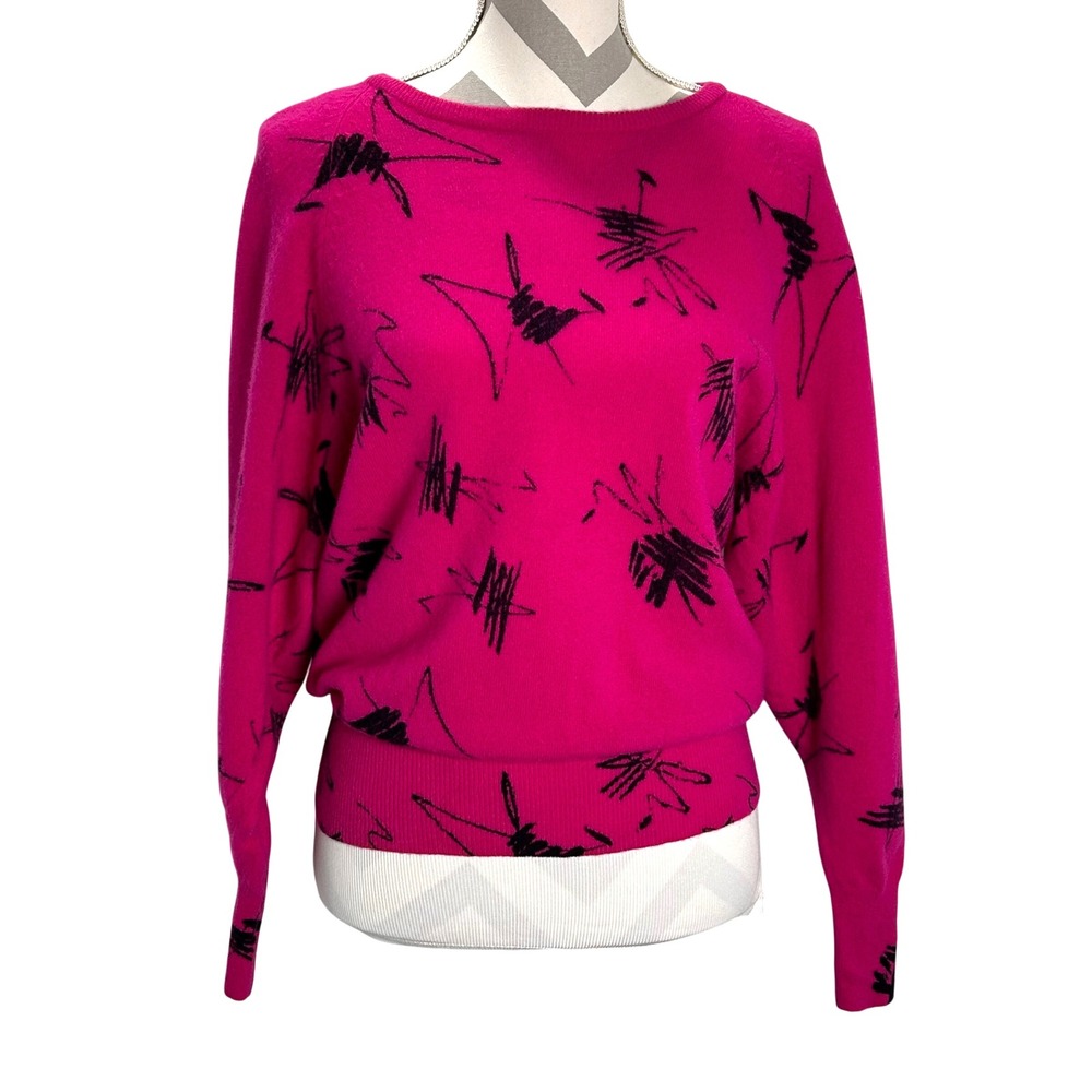 Jason Maxwell Vintage 80s‎ Lambswool Sweater Abstract Print Hot Pink Black Large